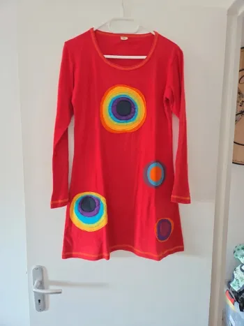 Robe Tunique femme manche longue rouge motifs coloré 100% coton TBE taille XL