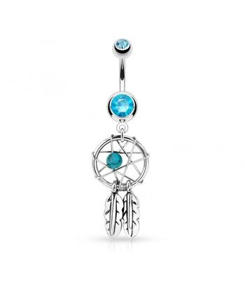 Piercing au nombril attrape rêve catcher imitation perle Double plumes bleu aqua bijou ventre acier 