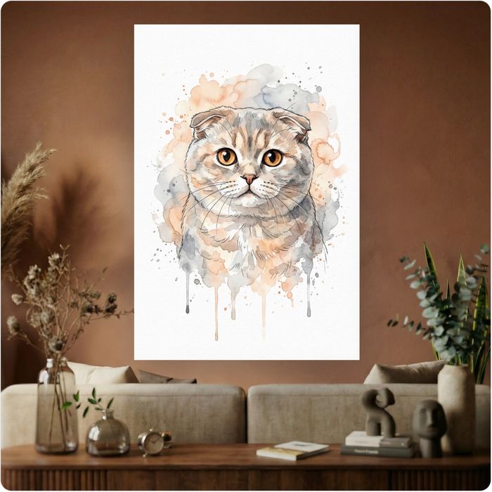 Affiche artistique “Chat Scottish Fold” aquarelle décoration murale A3 Sans cadre