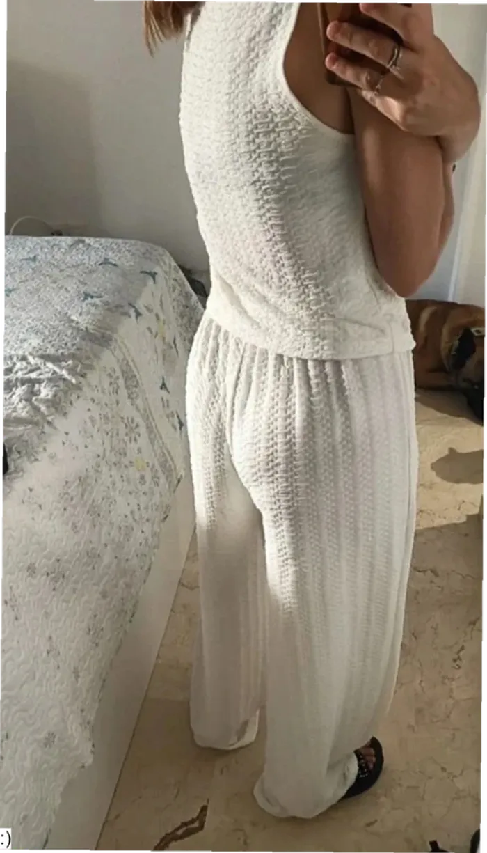 Ensemble Femme Deux Pièces Blanc Gaufré Bohème - Taille S Neuf Jamais Porté - photo numéro 3