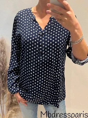 Jolie Blouse femme manches longues marine pois blanc T42