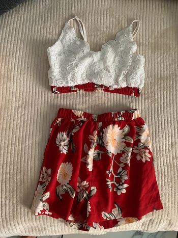 Ensemble chic fille short top court, 12 ans fleurs rouge bordeaux