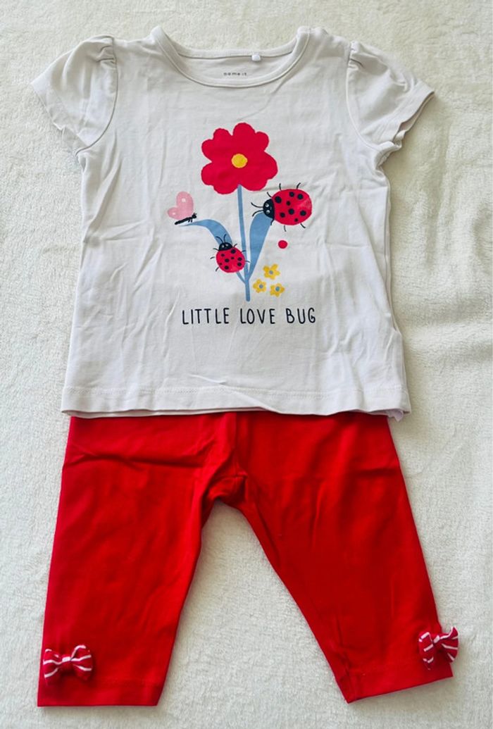 Ensemble tee shirt beige avec coccinelle et fleurs + leggins rouge 9-12 mois 80cm - photo numéro 2
