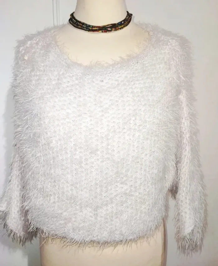 pull doux pilou pilou taille xs 34 blanc rose pailleté