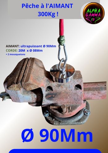 Pêche à l'aimant 300Kg ultrapuissant Ø90Mm+ corde et 2 mousquetons 20M x Ø8Mm