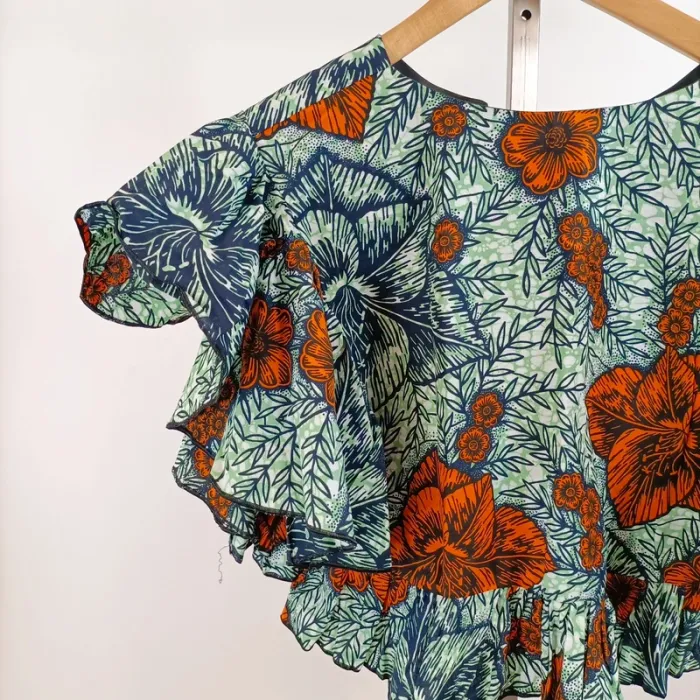Top court volanté Wax imprimé fleuri tropical vert orange manches courtes A1458 - photo numéro 8