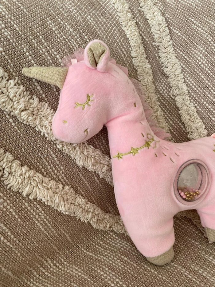 Peluche doudou d’éveil 26cm mots d’enfants licorne rose et doré parfait état - photo numéro 4