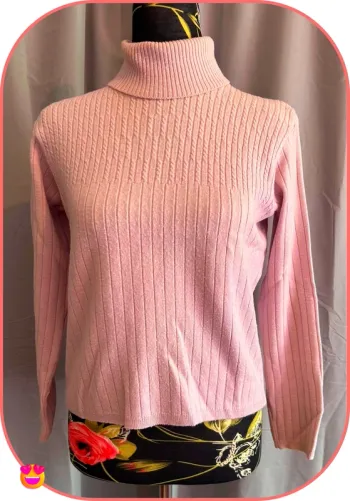 Pull Col Roulé Rose Poudré FéLINO - Maille Côtelée et Tressée - Taille S/M