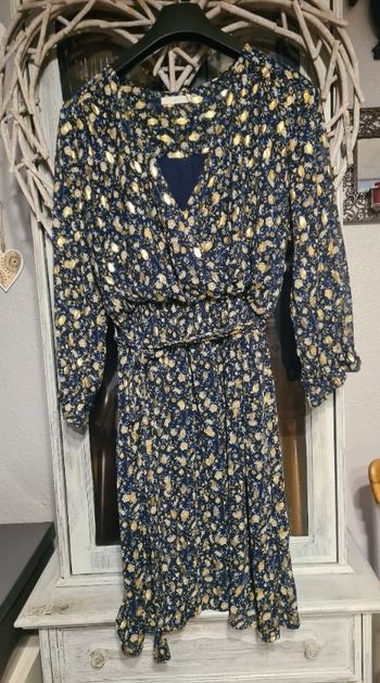 Robe femme. Cache cœur. Doublé. Marine, doré. Taille M / L
