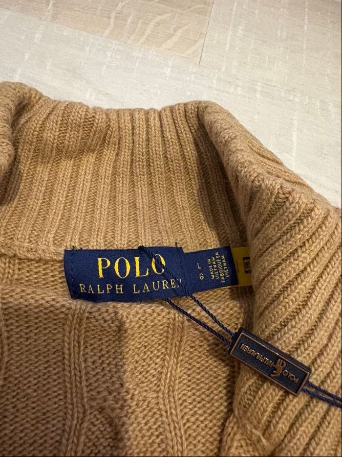 Pull torsadé Polo Ralph Lauren en laine half zip demi zip 1/4 zip camel/marron neuf taille L - photo numéro 2