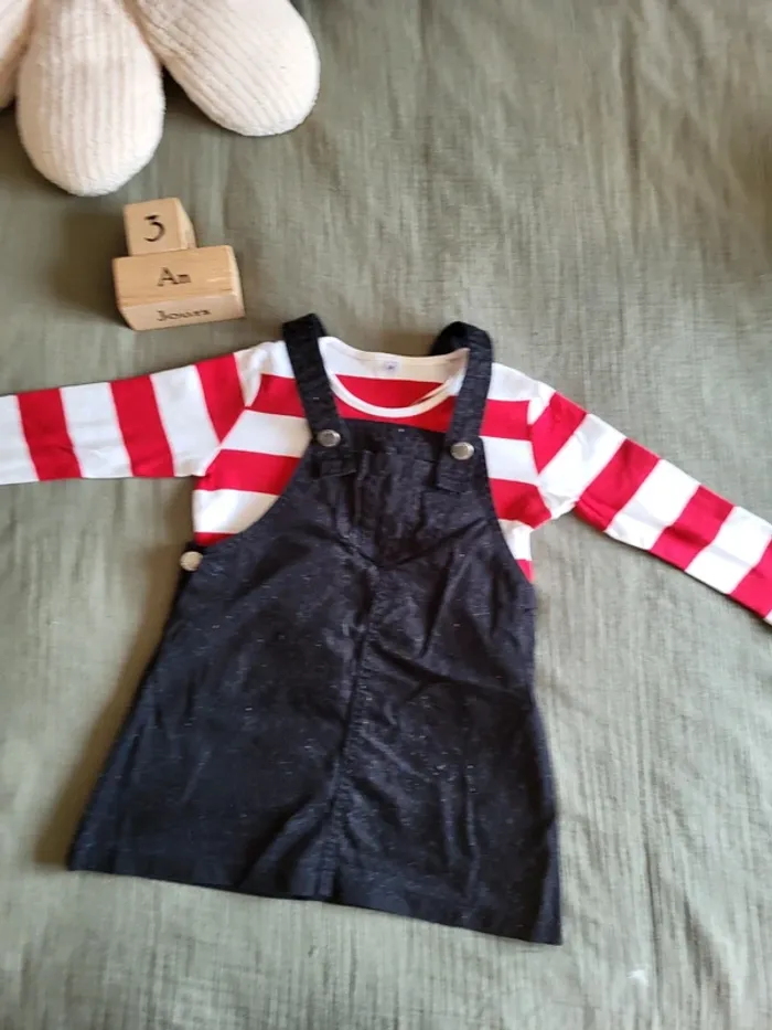 Ensemble robes salopette et t-shirt manches longues marinière 100% coton rentrée automne - photo numéro 4