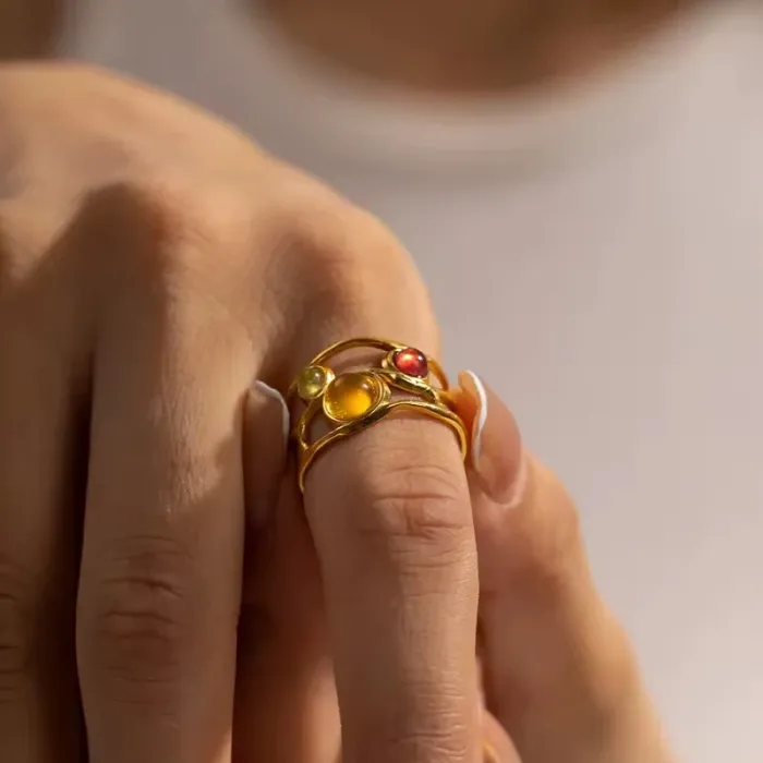 Bague dorée en acier inoxydable, colorés, ajustable - photo numéro 2