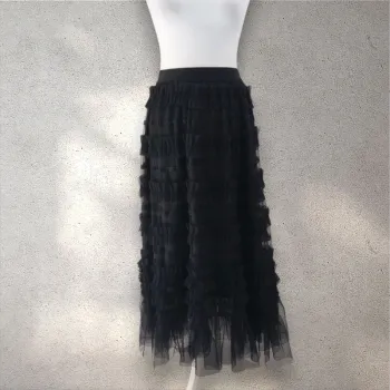 Jupe longue en tulle et froufrous taille élastique noire 36-38