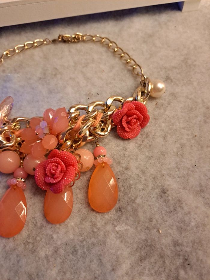 Magnifique collier fleur bohème champêtre orange corail et doré - photo numéro 6