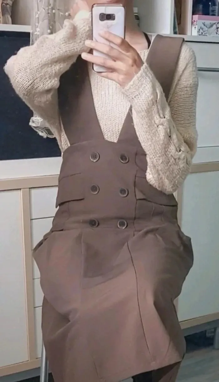 💼Magnifique robe vintage à bretelles mi-longue marron boutons taille M - photo numéro 16