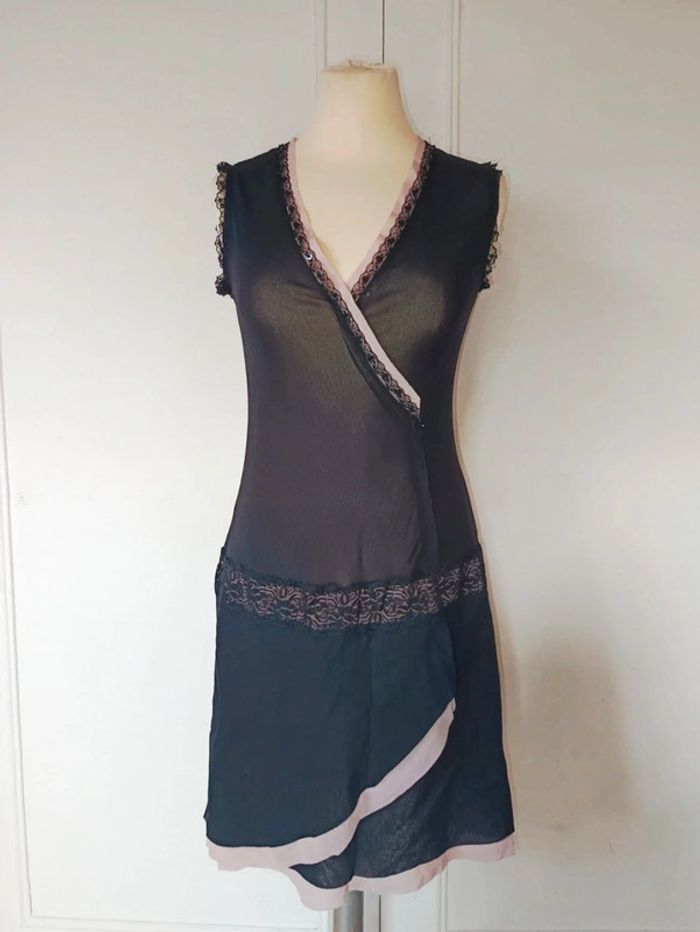 💗 nuisette noir dentelle sequin voile transparente et rose taille m 38 l 40 vintage authentique