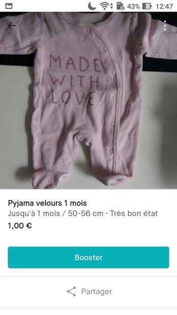 Pyjama velours 1 mois
