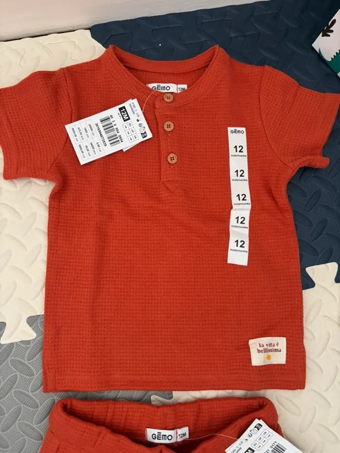 Ensemble/set short - tee shirt gaufré orange 12 mois - photo numéro 5
