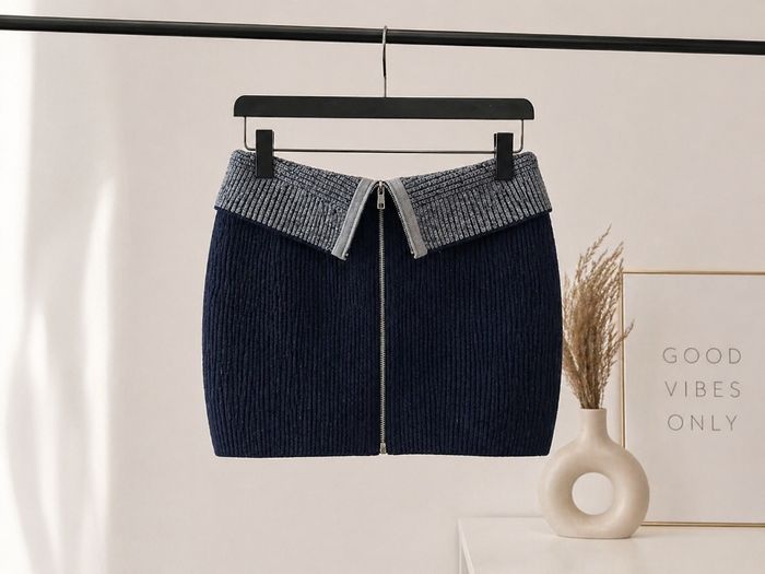 Jupe mini maille côtelée bleu marine fermeture zip style chic Y2K - photo numéro 2