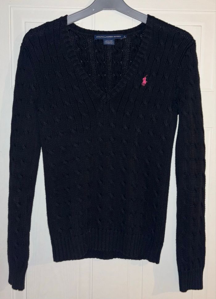 🩷 Pull Neuf Torsadé Col V Ralph Lauren Noir Logo Rose Fuchsia - Taille M/38 - photo numéro 5