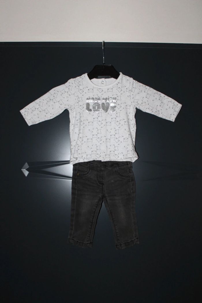 T-shirt manches longues et pantalon jean élastique taille 3 mois 59-60 cm - photo numéro 2
