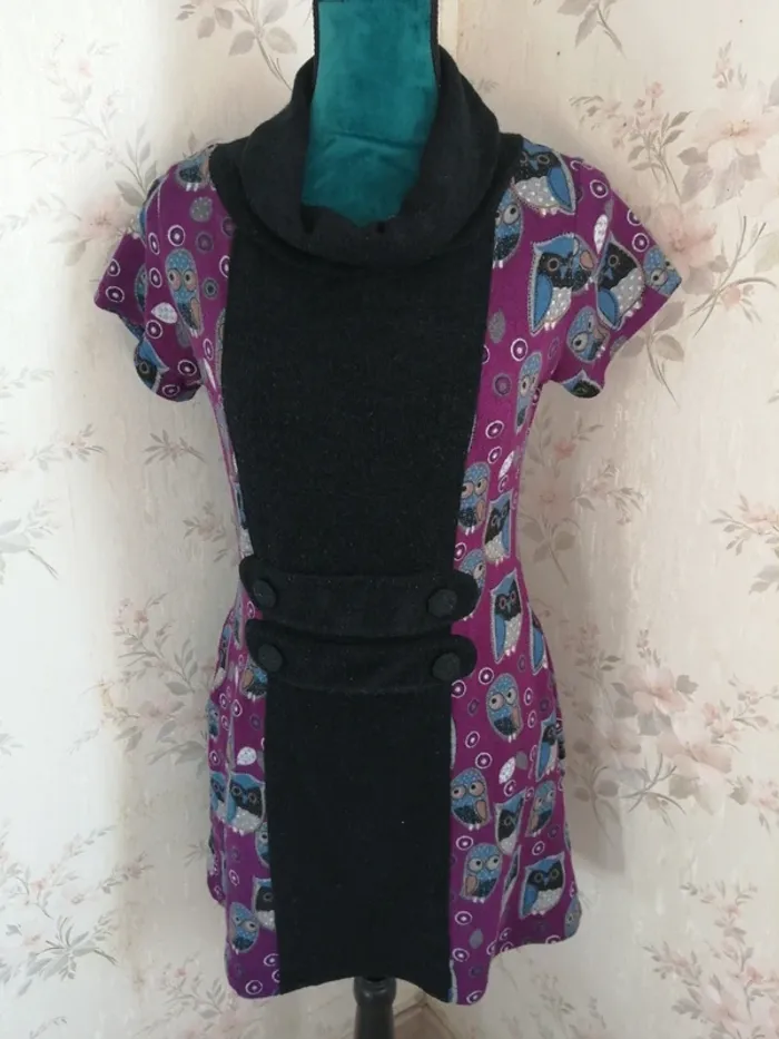Robe violette à manches courtes motifs hiboux avec col poches et boutons / purple jam / (M) - photo numéro 2
