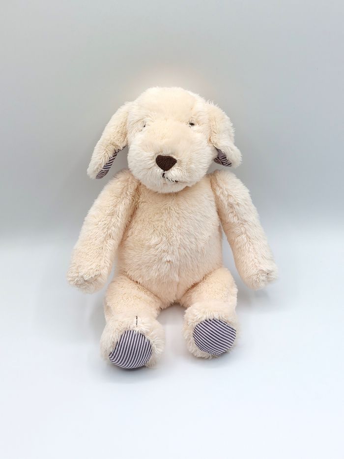 Peluche doudou chien écru beige JACADI collection mon petit capitaine rayures bleu blanc environ 28 cm