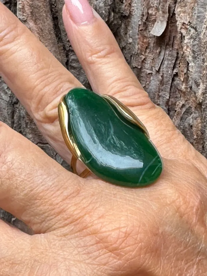 Grosse bague pierre verte acier inoxydable or réglable - photo numéro 3