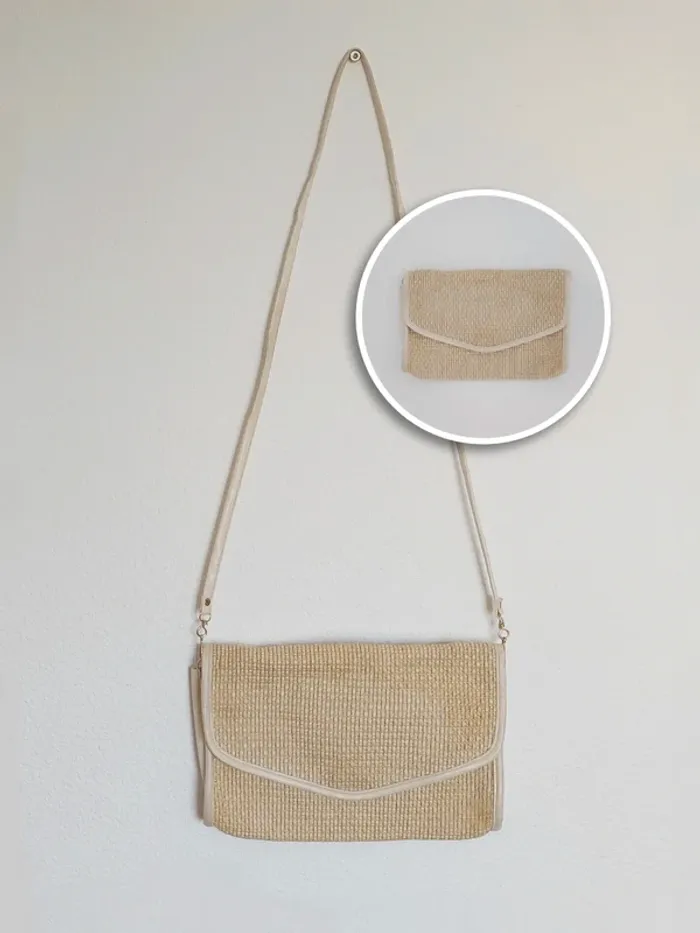 Pochette bandoulière détachable paille beige 80-90 vintage - 26×18cm