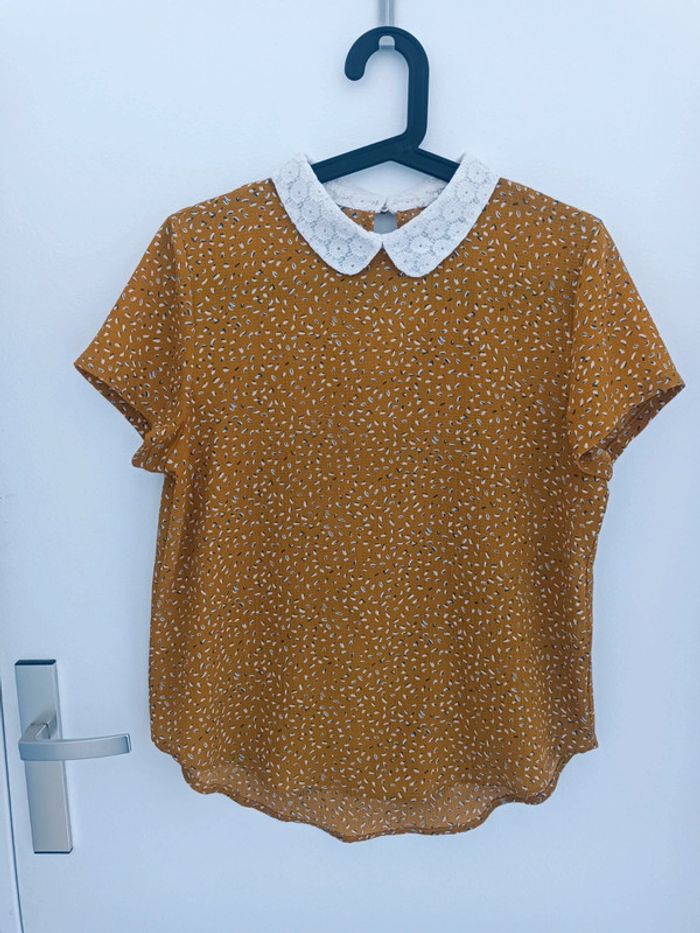Chemisier blouse coton moutarde motifs col claudine blanc dentelle Taille M Y'coo En très bon état - photo numéro 2