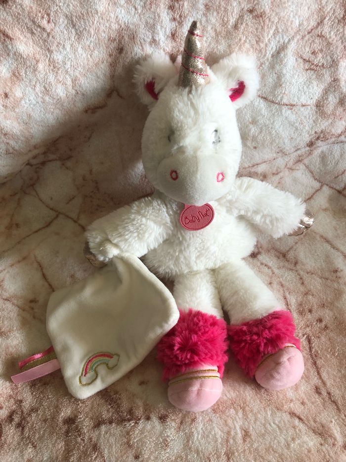Doudou peluche licorne blanc rose mouchoir arc-en-ciel poussière étoiles BN0321 Baby Nat’