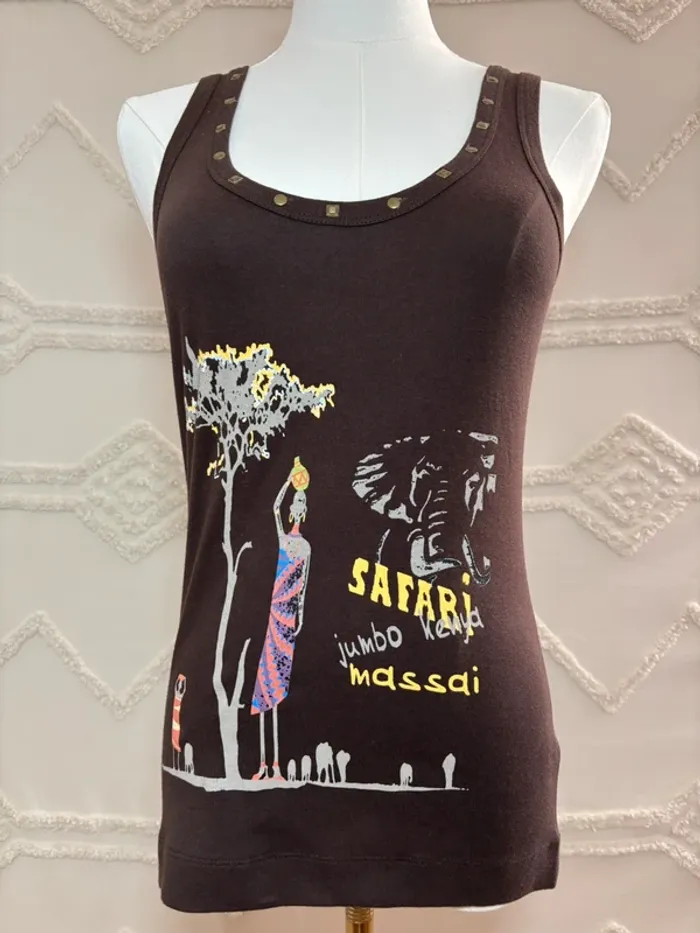 Débardeur marron tribal ethnique Karboon – motif Massai, vibes earthy / afrofuturiste – taille M - photo numéro 4