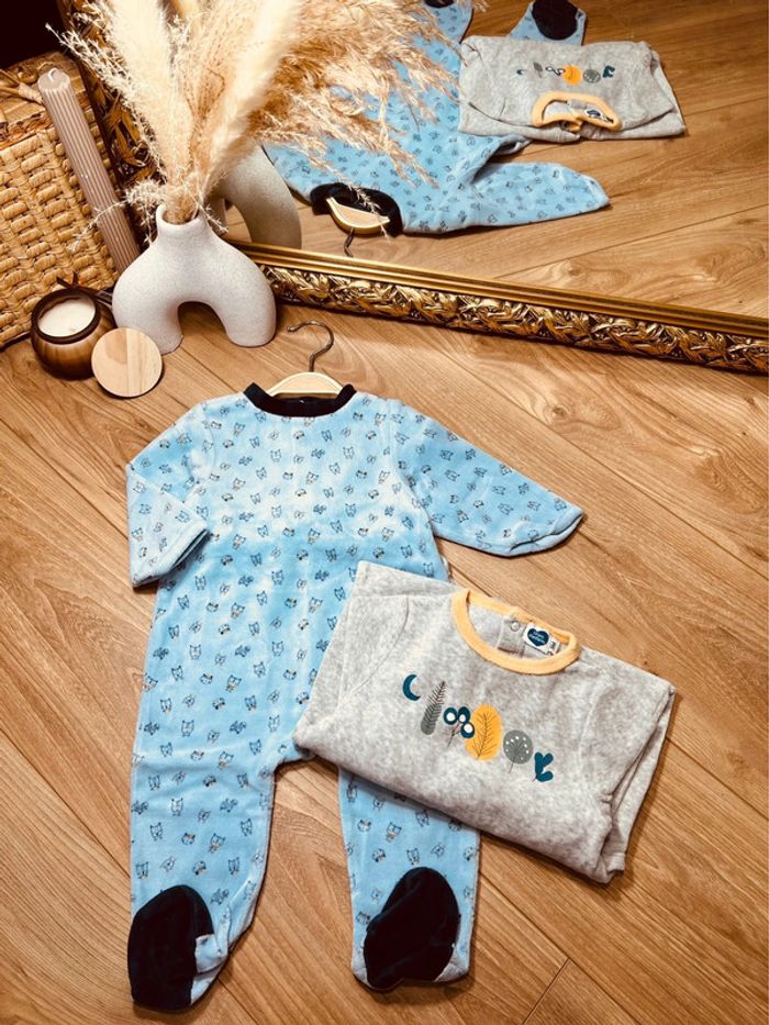 Taille 9 mois lot de 2 pyjamas velours garçon mots d’enfants gris bleu * animaux * 💙