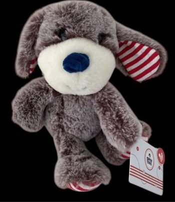 B6113❤️  20cm Doudou Peluche GIPSY Chien Assis Marron Rayé Rayures Rouge