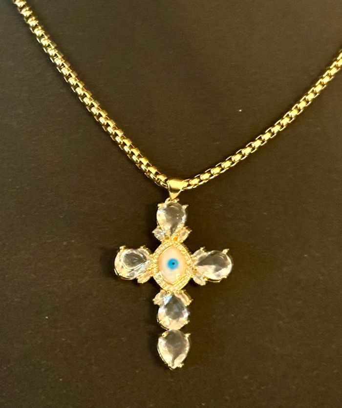 Collier habaha Paris chaîne épaisse réglable grosse croix œil bleu gros cristaux - photo numéro 7