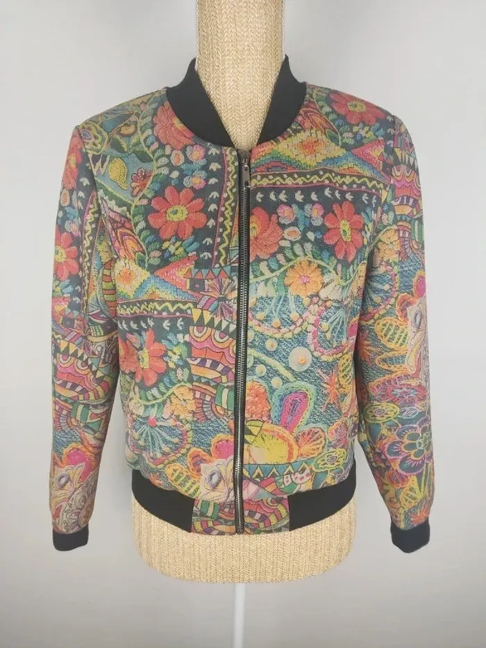 Bomber / veste manches longues suédine motifs fleuris multicolores taille S Madison