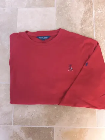 Magnifique pull col rond Ralph Lauren Golf L pima coton rouge logo marine manche et broderies