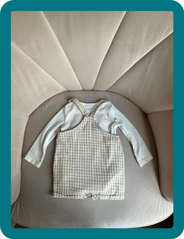 Ensemble salopette gaze de coton vichy et body 12 mois - TU - photo numéro 4