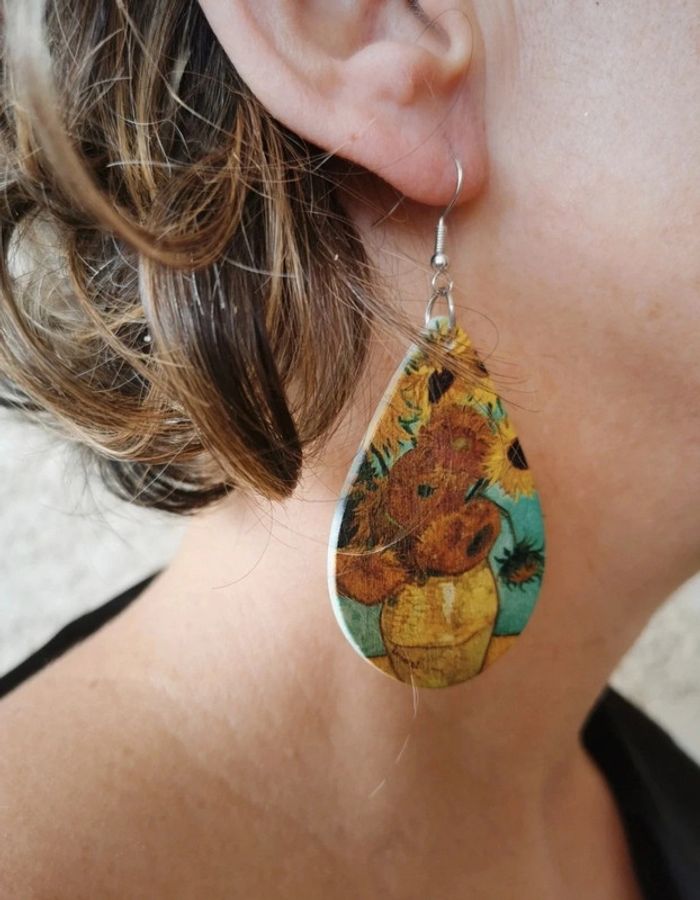 F54 paire de boucles d'oreilles pendantes bois naturel Vangogh - photo numéro 2