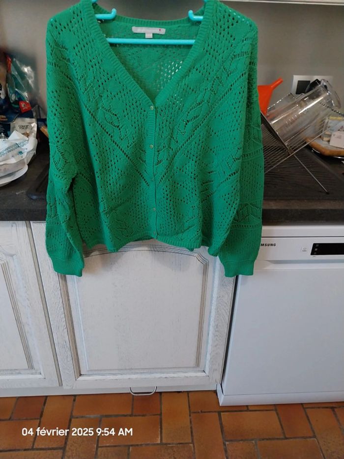 Gilet col V, maille ajourée couleur vert - taille 46/48 - Blancheporte - photo numéro 6