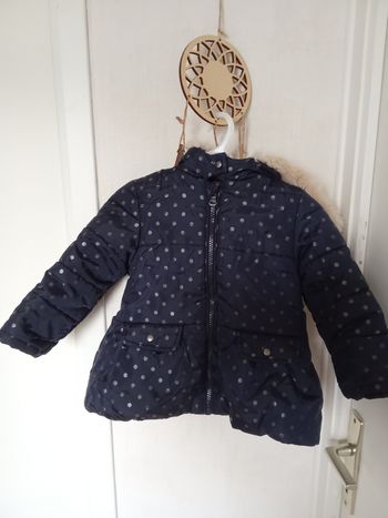 Manteau long, ,veste, doudoune  hiver bébé fille capuche 12 mois, 1 an, marine,  blanc, motifs, chaude, capuche 12 mois