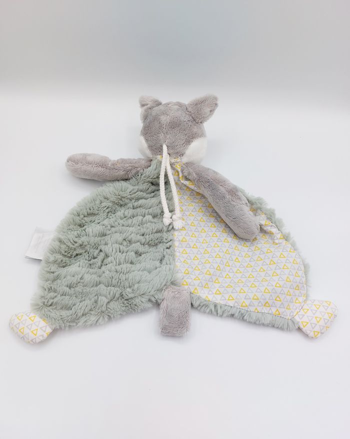 Doudou peluche loup gris vert BABI AGE Babiage bandana blanc triangle jaune gris - photo numéro 2