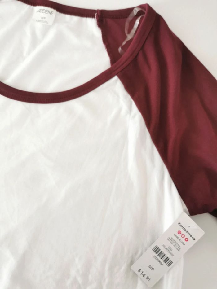 Tee-shirt Ardene blanc manches bordeaux 3/4 Taille XS - photo numéro 3