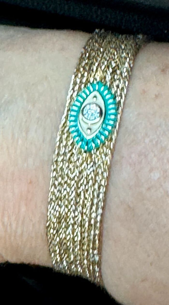 Bracelet manchette fils tissés dorés pailletés œil perles turquoises cristal habaha Paris - photo numéro 2
