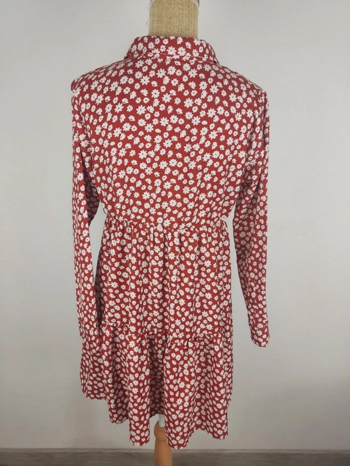 Robe mi-longue manches longues col chemise motif fleuri blanc et terracotta taille 38 Anna Karel - photo numéro 2