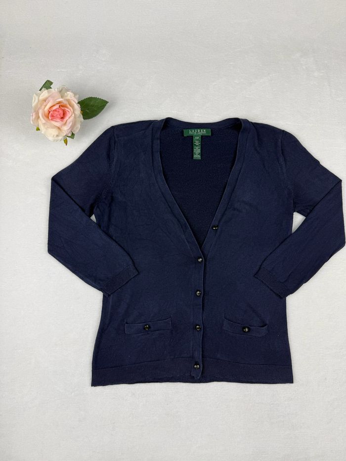 Gilet en soie bleu marine Ralph Lauren femme taille P / XS Cardigan élégant #02425