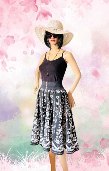 🖤🌿Jupe volante vintage fleurie baroque floral black white mid-length skirt🌿🖤
