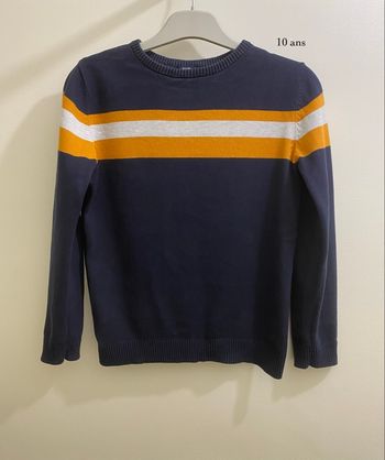 Pull bleu marine avec bandes moutarde blanc enfant garçon taille 10 ans Kiabi