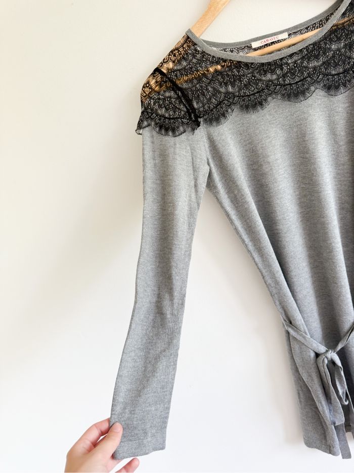 Robe manches 3/4 avec ceinture grise avec dentelle noir camaïeu taille 36 S - photo numéro 3