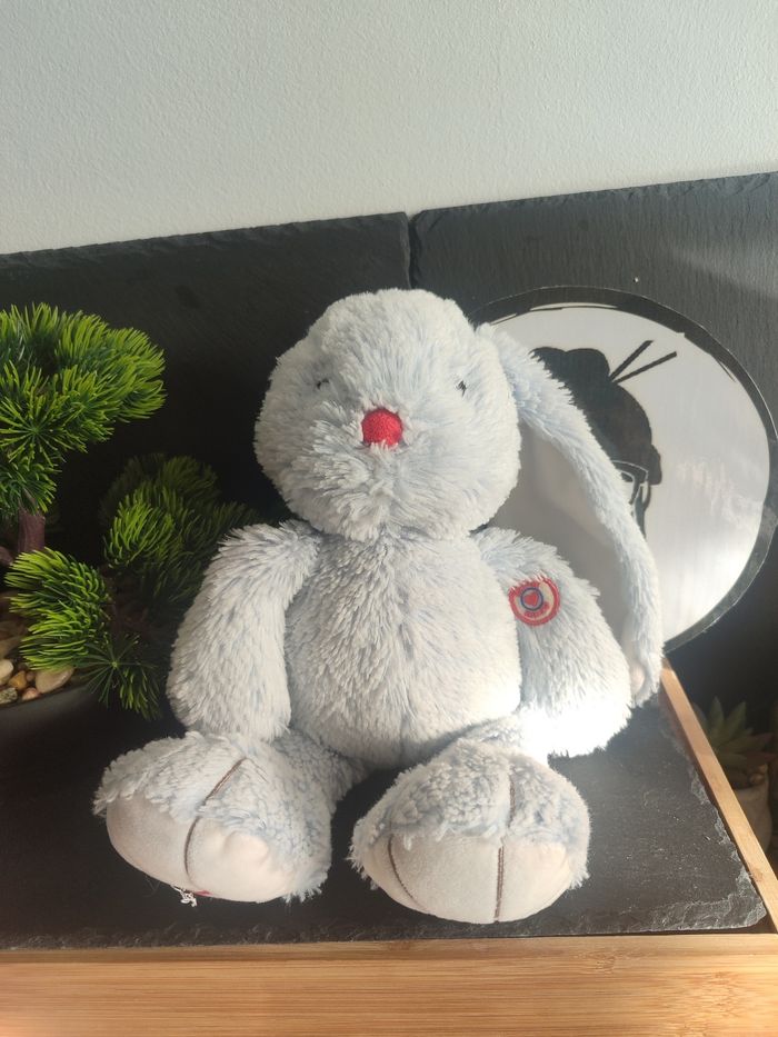 doudou peluche lapin rouge kaloo bleu coeur blanc rayé poils Rayure Billes PE287